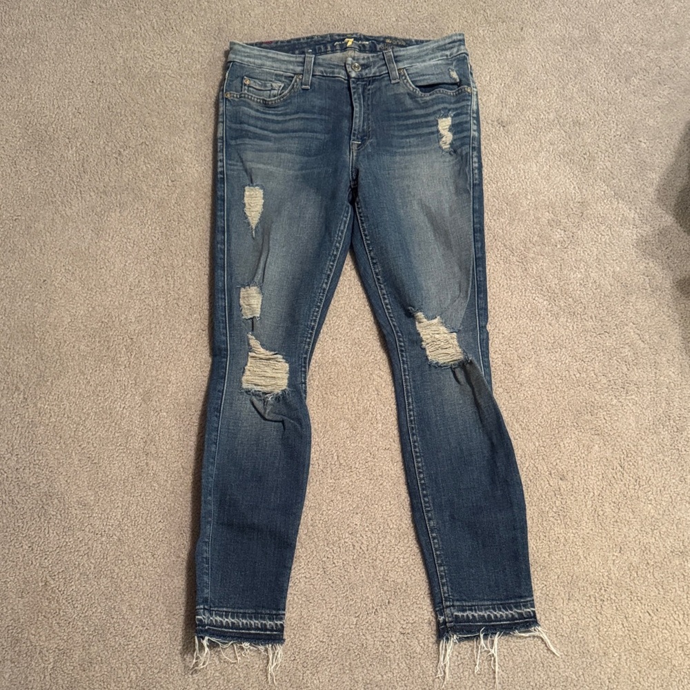 7 For All Mankind The Ankle Skinny Ripped Blue Skinny Jeans 27